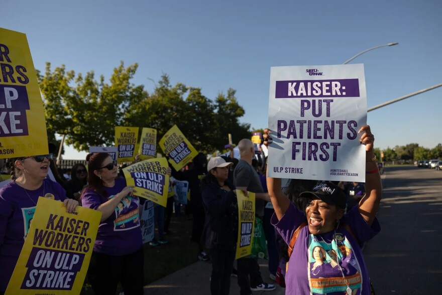 Kaiser Permanente employees on strike on Oct. 4, 2023. The workers held a demonstration in front of the Kaiser Permanente South Sacramento location. The strike resulted in a contract that gradually raises the minimum wage at Kaiser to $25 an hour.