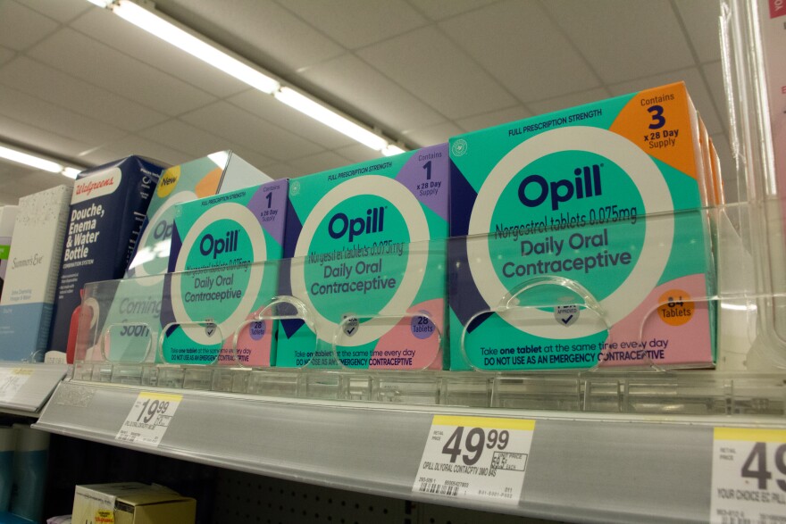 Opill one- and three-month pill packets, available on the shelves of a Walgreens in Tulsa, Okla.