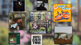 Artwork for eight music releases displayed in black square frames. Four are album covers in larger squares and four are singles in smaller squares.