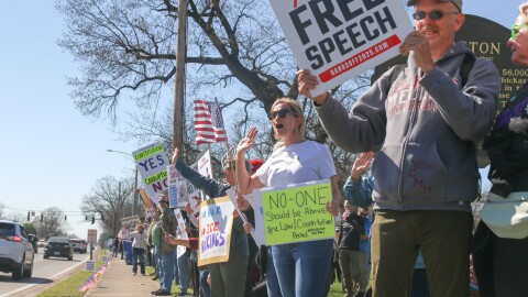 Protesters gather at Paducah's Bob Noble Park as part of the No Kings nationwide movement on March 28.
