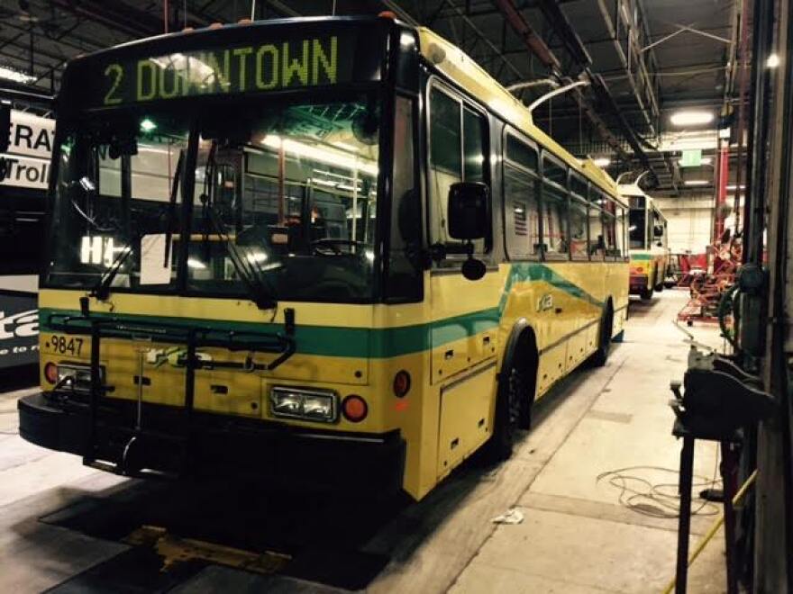 A trolley bus parked at RTA headquarters in Dayton.