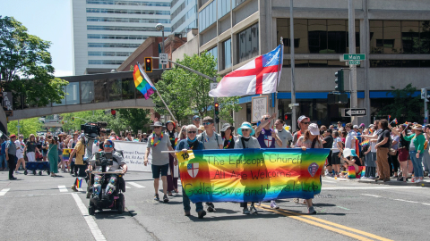 The Episcopal Diocese of Spokane marches in the 2025 Pride Parade through downtown Spokane on June 14, 2025.