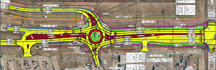 A rendering of the planned roundabout construction that would replace a traffic signal at the Menard's entrance on Bemidji's Paul Bunyan Drive in 2026.