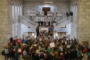 Protestors gathered in the Utah State Capitol rotunda before a special session of the Legislature to rally against the session and lawmakers’ plans, Dec. 9, 2025.