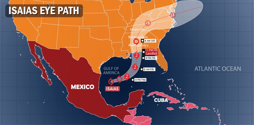 Hurricane Isaias Eye Path Forecast Map Showing Storm Track Across the Gulf and Southeastern United States