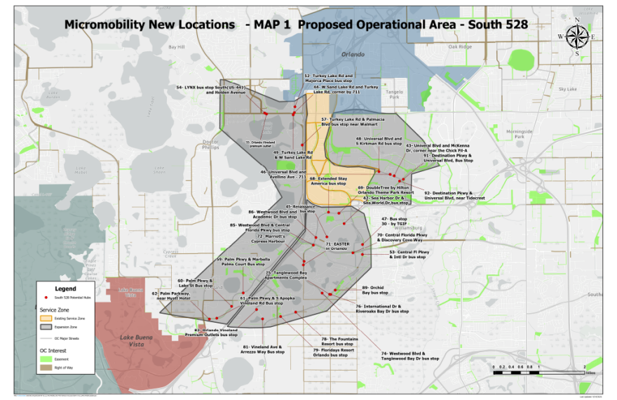 A map shows where e-scooters may be used near International Drive in unincorporated Orange County. Yellow shading marks the area’s initial boundaries, prior to Tuesday’s vote. The newly-expanded area is shown in gray.