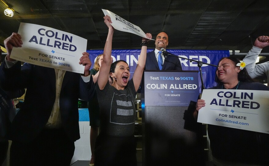 Supporters of U.S. Rep. Colin Allred, D-Texas, a candidate for the U.S. Senate, react as he addresses them during an election night gathering Dallas, Texas.