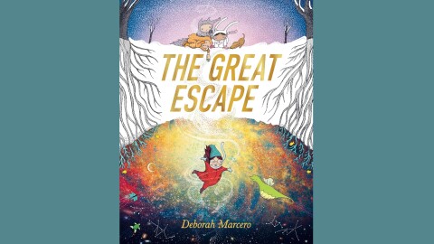 Cover of "The Great Escape" by Deborah Marcero; illustration of a girl falling through a cosmic space underneath a snow-covered land
