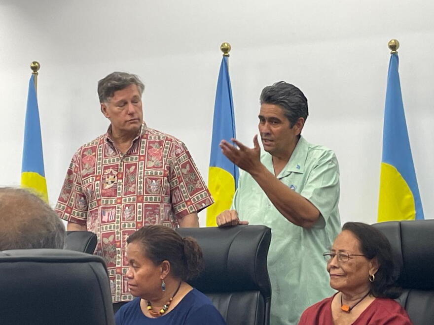 U.S. Deputy Secretary of State Christopher Landau, left, and Palau President Surangel Whipps Jr. at a presentation on critical infrastructure on Sept. 2, 2026, in Koror, Palau. Landau said the United States would partner with Palau to build a new hospital.