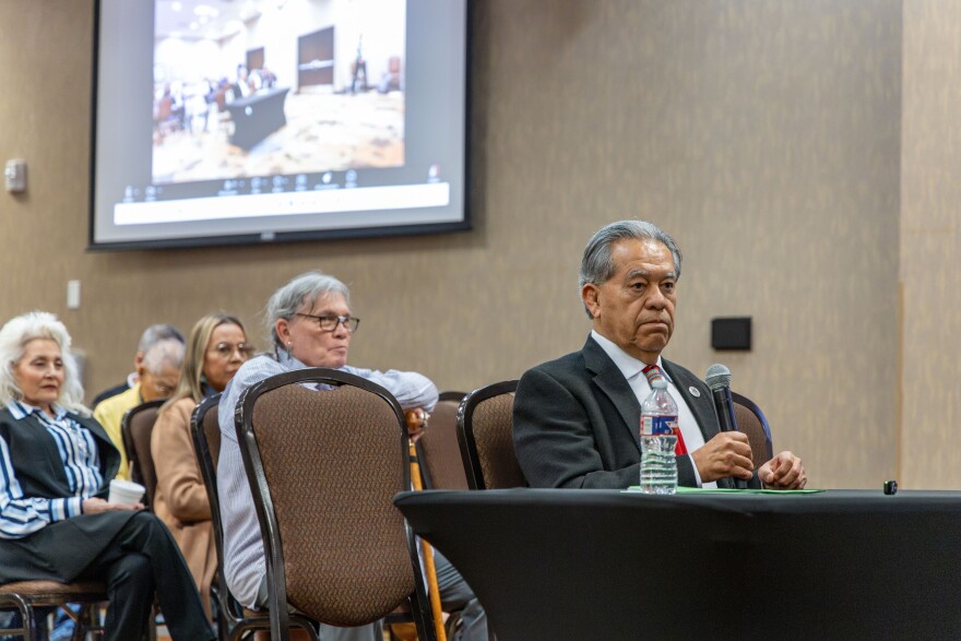 Kiowa Chairman Lawrence SpottedBird contests charges during a hearing to impeach him at the Lawton Hilton Garden Inn on March 2, 2026.