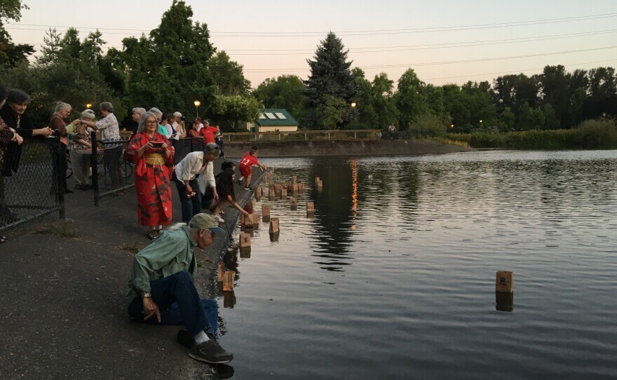 At the end of the evening, Japanese paper lanterns are released into the duck pond. This is from the 2019 event.