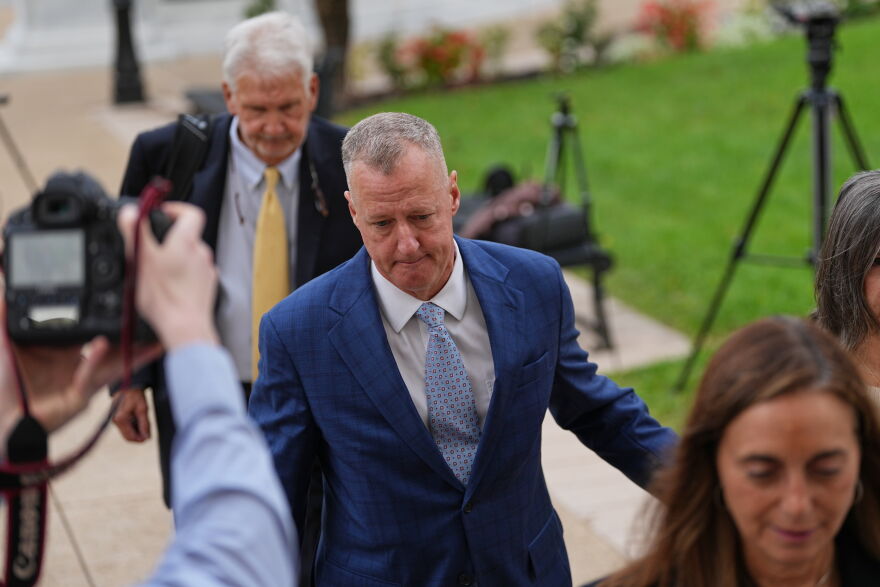 Paul Robinson, who is is charged with felony tampering, hindering apprehension and obstructing the investigation, arrives for an appearance at Centre County Courthouse in Bellefonte, Pa., Wednesday, Sept. 2, 2026.