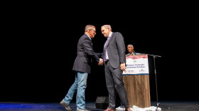U.S. Rep. Jeff Hurd, incumbent candidate for Colorado's 3rd Congressional District (right), shakes hands with challenger Dwayne Romero after their debate at a Club 20 at the Asteria Theater in Grand Junction. Sept. 19, 2026.