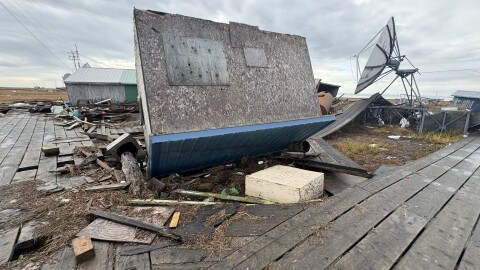 Storm damage from ex-Typhoon Halong in the Kuskokwim Delta coastal community of Kwigillingok on Oct. 16, 2025.