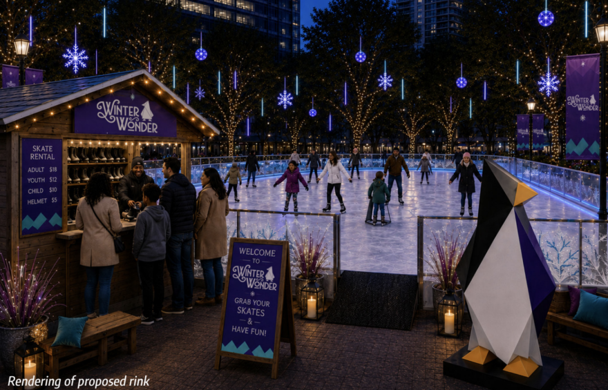 Rendering of people ice skating at an outside rink with lights all around 