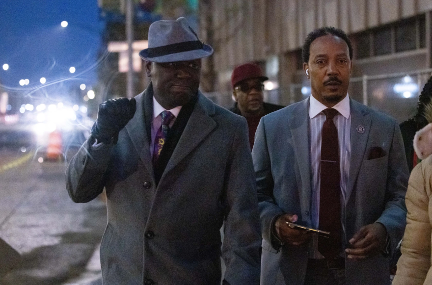 Attorney Ben Crump leaves the Peoria County Courthouse alongside his legal team and the Massey family after day one of jury deliberation ends with no verdict Tuesday in the charges against ex-sheriff's deputy Sean Grayson for the 2024 killing of Sonya Massey.