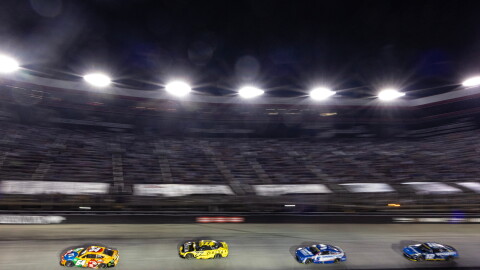Ty Gibbs (54) leads Carson Hocevar (77), Kyle Larson (5), and Ryan Blaney (12) during a NASCAR Cup Series auto race Saturday, Sept. 19, 2026, in Bristol, Tenn.
