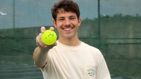 Rosenthal shows off one of BounceBack Pickle’s first 100% recycled pickleballs at Three Oaks Park on Jan. 26.