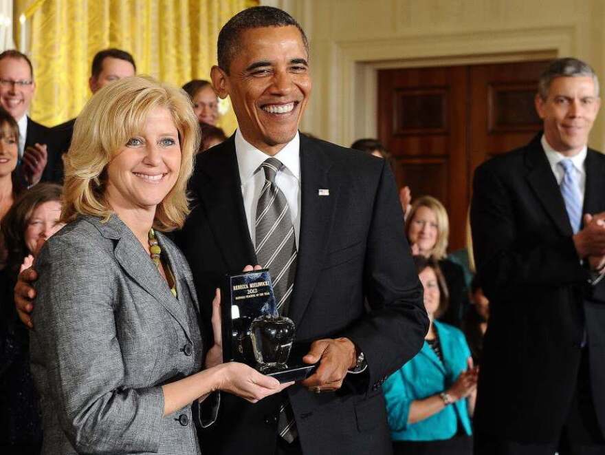 President Obama gave the 2012 National Teacher of the Year trophy to Rebecca Mieliwocki this morning at the White House.