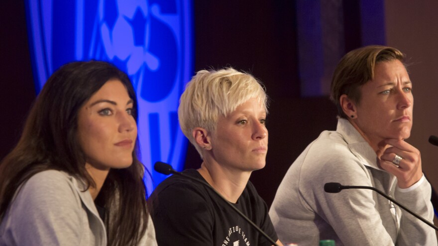 U.S. women's soccer players (from left) Hope Solo, Megan Rapinoe and Abby Wambach take questions during the U.S. women's national team World Cup media day last month in New York.