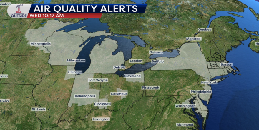 Areas with air quality alerts Wednesday due to wildfire smoke. (Danielle Noyes/1DegreeOutside)