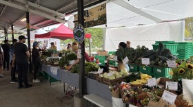 Green Things Farm Collective stand at Saturday's Ann Arbor Farmer's Market. Flowers and vegetables are displayed on a table in front of workers, with customers browsing the stand