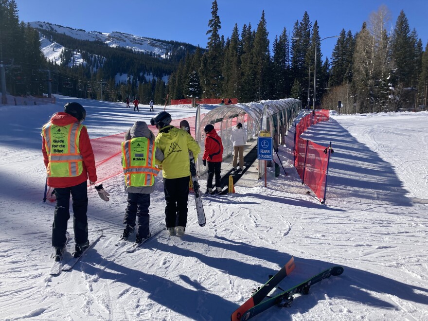 Sonja Neema prepares to ride the magic carpet at the Elk Camp Meadows ski area. 