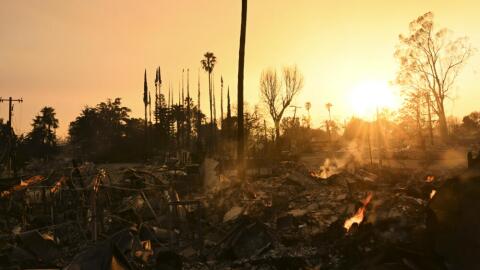 The sun sets over damage from the Eaton Fire, Thursday, Jan. 9, 2025, in Altadena, California. (Nic Coury/AP)