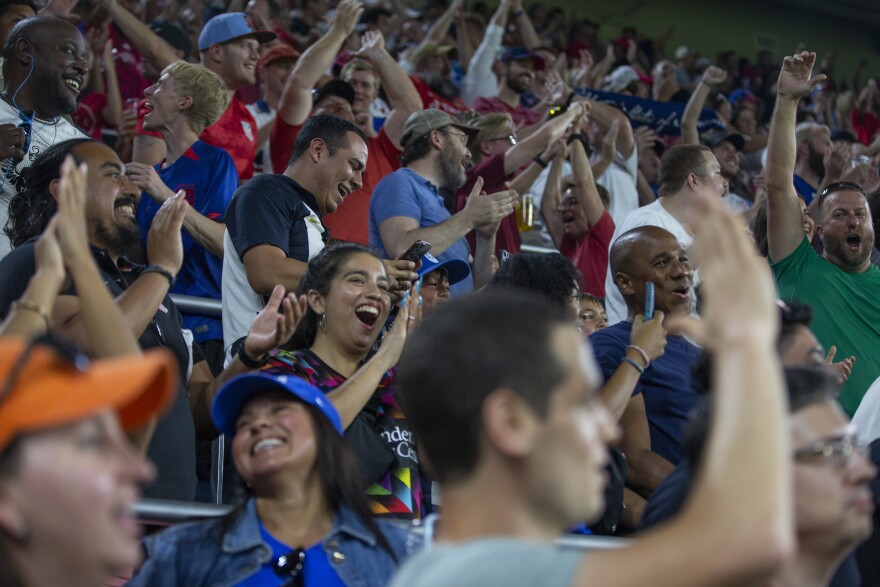 Fans celebrate in reaction to a goal by Jesús Ferreira during the USMNT’s Gold Cup match against St. Kitts and Nevis on Wednesday, June 28, 2023 at CityPark in St. Louis. 