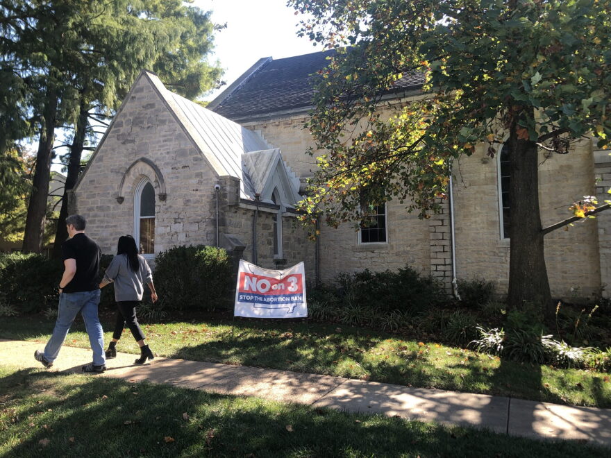 A Stop the Ban sign opposing Amendment 3, which seeks to overturn Missouri’s 2024 reproductive rights amendment, stands outside Eliot Unitarian Universalist Chapel in Kirkwood (photo submitted).