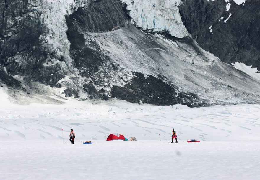 Alex Luebke and Marianne Karplus make their way back to camp during a multi-week field season with the Institute for Glacier Stewardship.