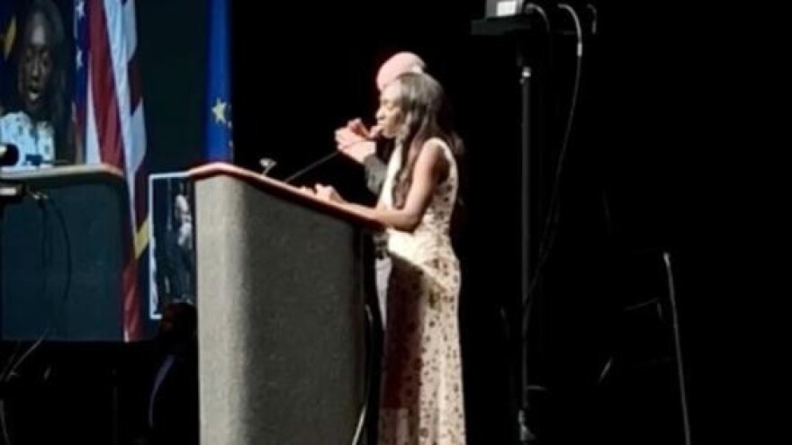 Coumba Kebe speaks Saturday at the Indiana Democratic State Convention in Indianapolis.