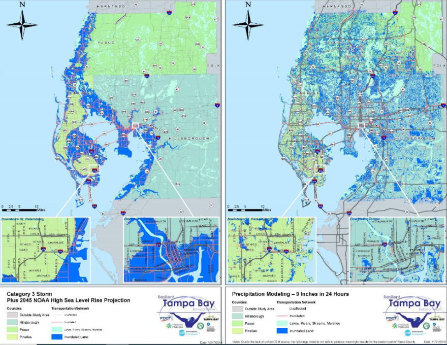 maps of the Tampa Bay area showing flooding from an extreme weather event