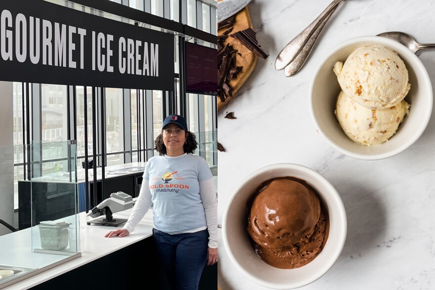 Rachel burns stands at the Bold Spoon Creamery stand in the St. Louis City Park soccer stadium. 