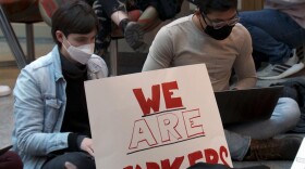 Graduate student workers staged a "work-in" at Franklin Hall Tuesday.