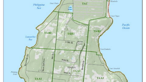 A map of Tinian showing the Military Lease Area Range Complex and Proposed Training Areas, including designated zones. The map outlines existing access roads, the USAF divert airfield, and the Francisco Manglona Benavente Tinian International Airport, illustrating how military training areas are distributed across the island.