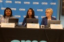 Superintendent Crystal Hill (center) addresses select reporters at an Aug. 12 briefing on her student assignment proposal.