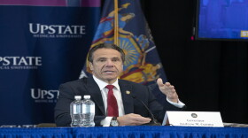 Gov. Andrew Cuomo delivers his daily coronavirus briefing at SUNY's Upstate Medical Center in Syracuse on Tuesday.