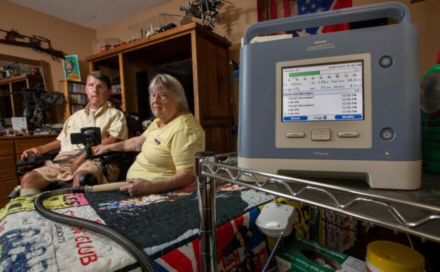 David Taylor (with his mother Dorothy, who is his caregiver) has relied on a ventilator to breathe for 40 years. Without it, "he would die within minutes," says Dorothy.