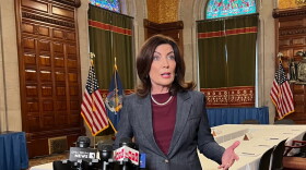 Gov. Kathy Hochul briefs the media on state budget progress on April 25, 2023.
