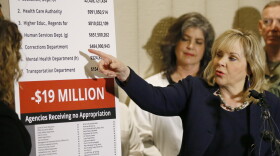 Oklahoma Gov. Mary Fallin gestures to a chart of budget shortfalls during a news conference in Oklahoma City, Wednesday, May 3, 2017. 