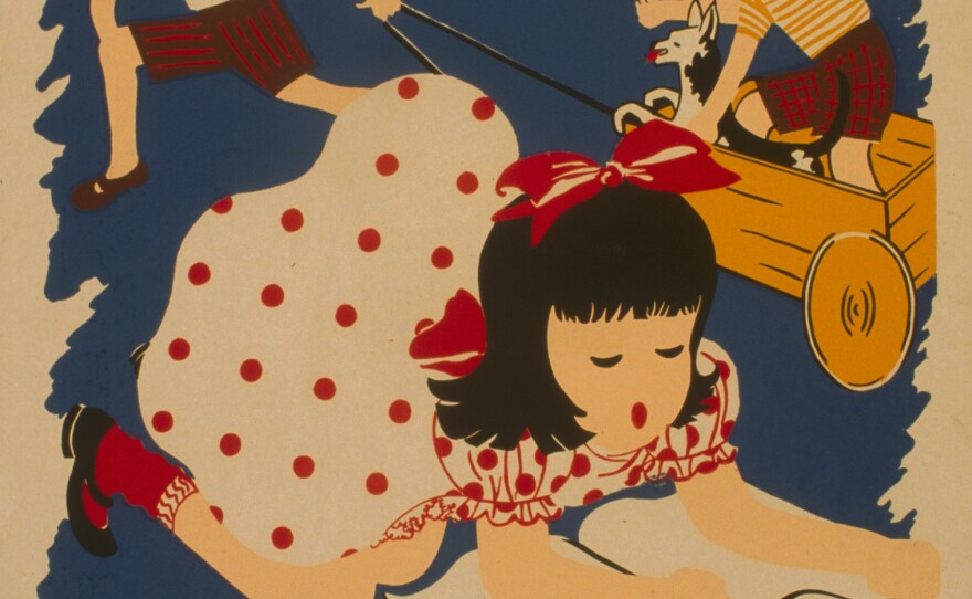 A poster dated January 21, 1943 promoting eradication of syphilis, showing children playing and reading.