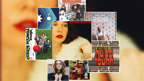 A collage of artworks from albums and singles in May of 2026. The background is a blurry photo of face with red lips. The clear version is at the center of the collage. 