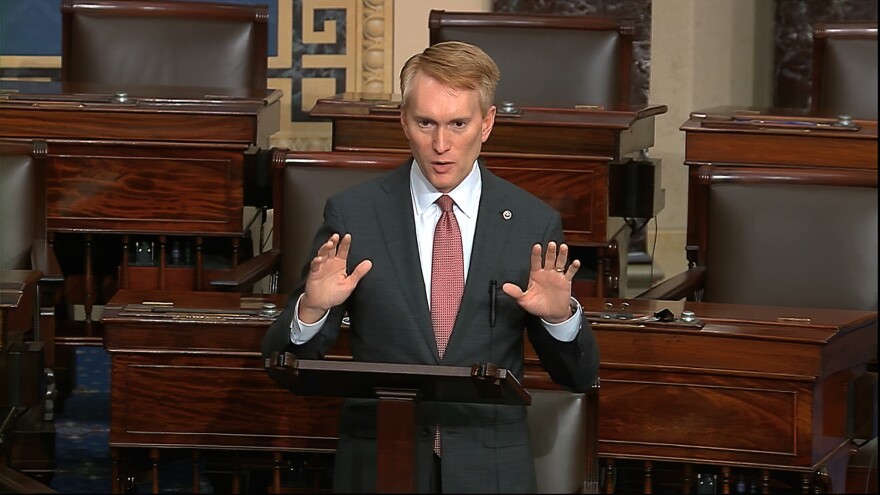 Sen. James Lankford speaks on the Senate floor about the impeachment trial against President Trump on Feb. 4, 2020. (Senate Television via AP)