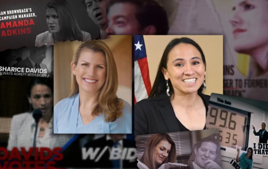 Sharice Davids and Amanda Adkins are running for Congress, but their ads dwell on Joe Biden and Sam Brownback. (Photo illustration by Carlos Moreno, KCUR 89.3)