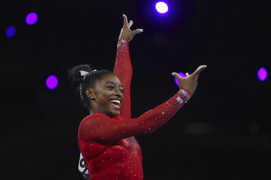 Gold medalist Simone Biles of the United States performs on the vault in the women's apparatus finals at the Gymnastics World Championships in Stuttgart, Germany, on Oct. 12, 2019. 