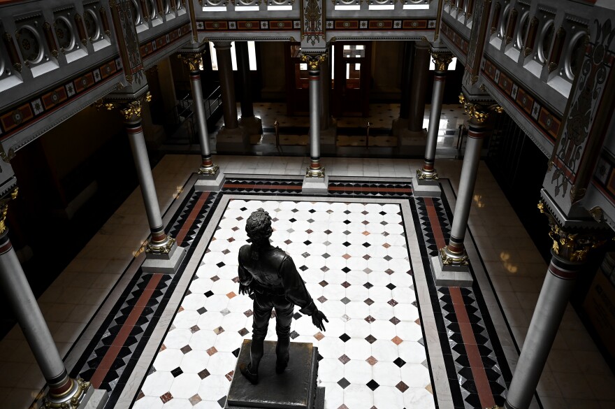A statue of Nathan Hale stands alone in the east atrium of the Connecticut State Capitol.