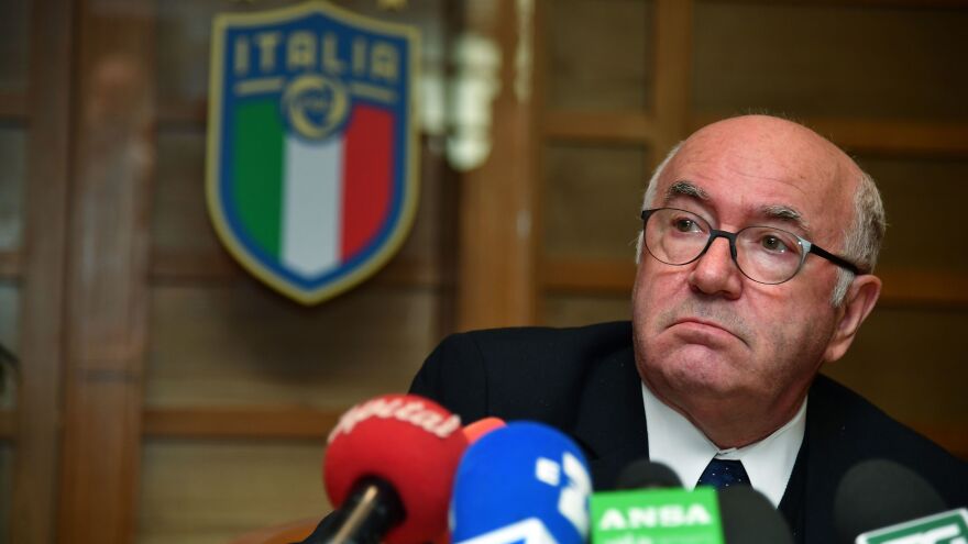Former Italian Football Federation President Carlo Tavecchio looks on during a news conference held after his official resignation in Rome on Nov. 20, 2017. Tavecchio has been accused of sexual harassment, including unwanted groping, but prosecutors have declined to press charges.