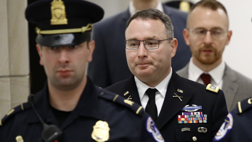 Army Lt. Col. Alexander Vindman, a military officer at the National Security Council, departs after testifying as part of the House impeachment inquiry last month.