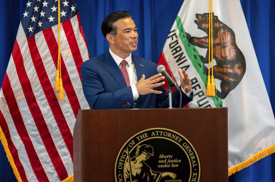 California Attorney General Rob Bonta speaks in Sacramento, Calif., on April 23, 2021. California added five more states, including Florida, to the list of places where state-funded travel is banned because of laws that discriminate against members of the LGBTQ community, the state attorney general announced Monday, June 28, 2021. Bonta added Florida, Arkansas, Montana, North Dakota and West Virginia to a list that now has 17 states where state employee travel is restricted. 